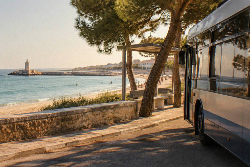 A parked city bus at a small seaside stop with pine trees nearby