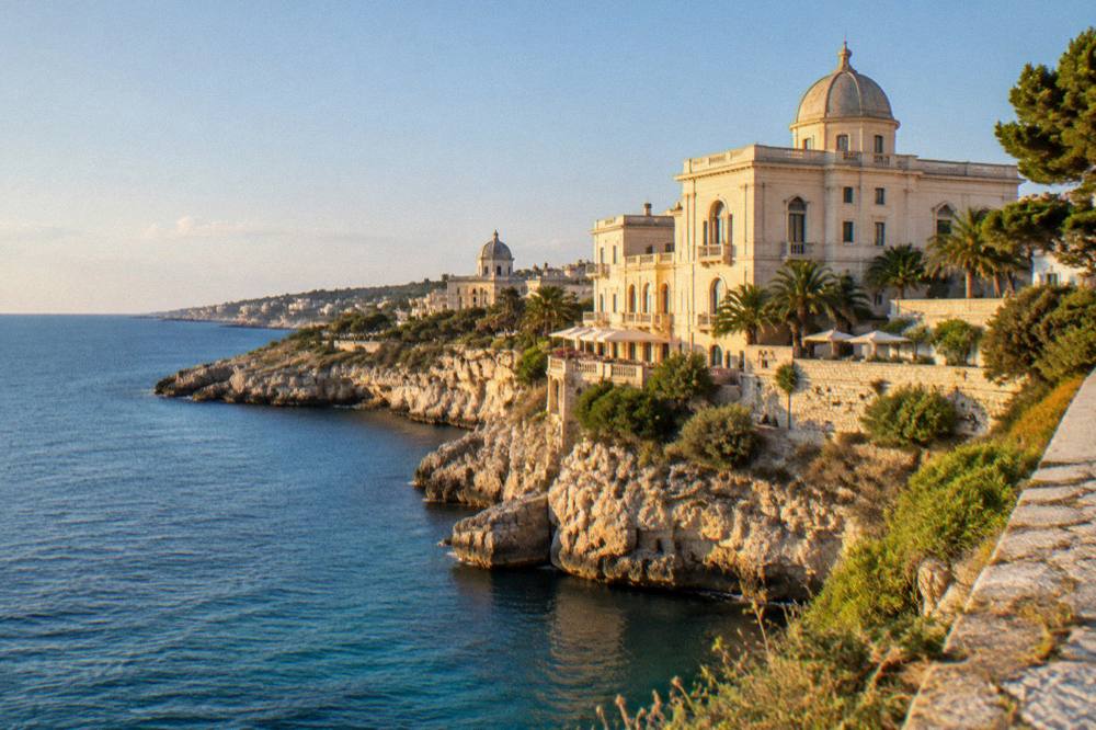 Golden evening light on a pale villa facade above the sea