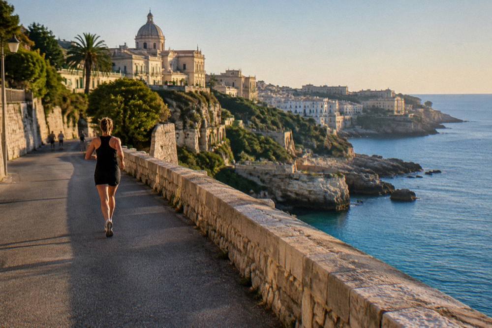 A clifftop road at dusk with the lights of a small coastal town below