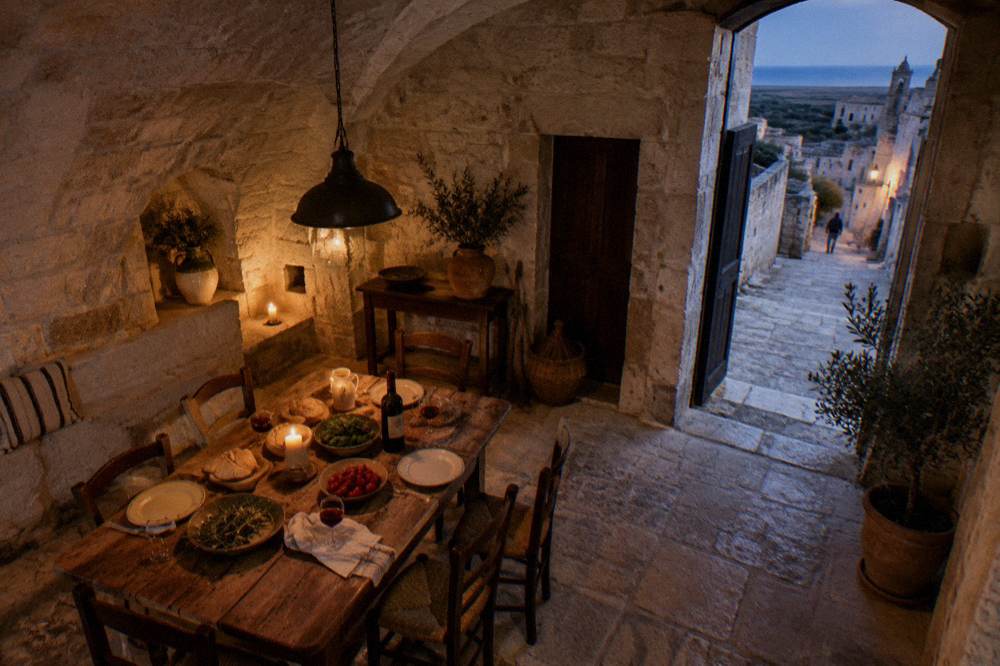 A rustic table with red wine, bread and vegetables under a vaulted stone ceiling
