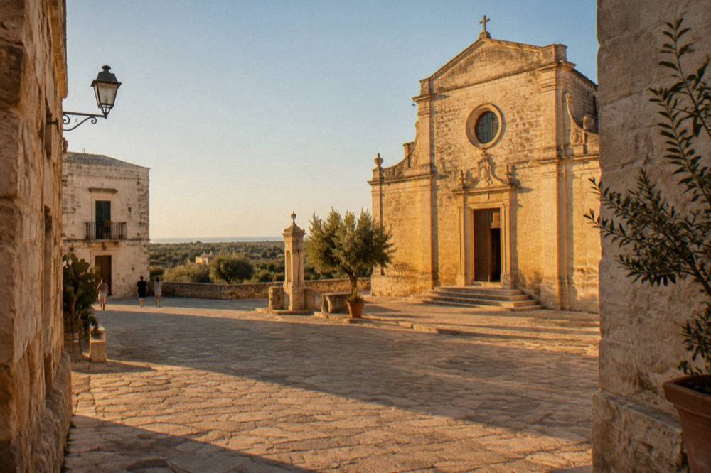 A golden stone church facade in a small Puglian town under a clear sky