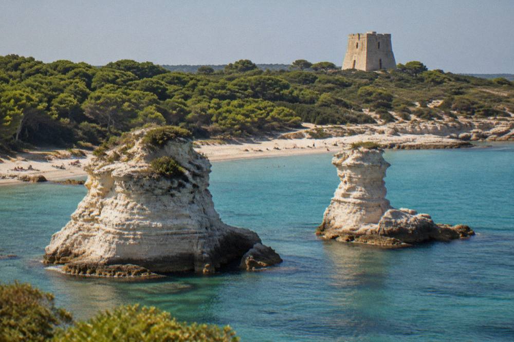 An old stone watchtower standing above a Mediterranean pine wood near the sea