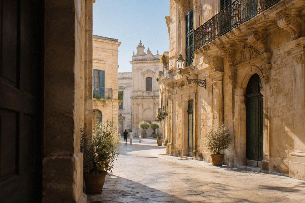 A sunlit street of pale stone buildings in a southern Italian old town