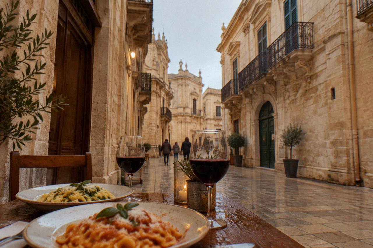 An evening table set outside a stone building on a narrow Lecce street, with plates of pasta and glasses of red wine.