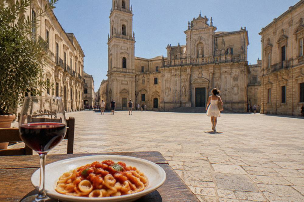 A plate of orecchiette pasta with tomato sauce on a rustic table beside a glass of red wine.
