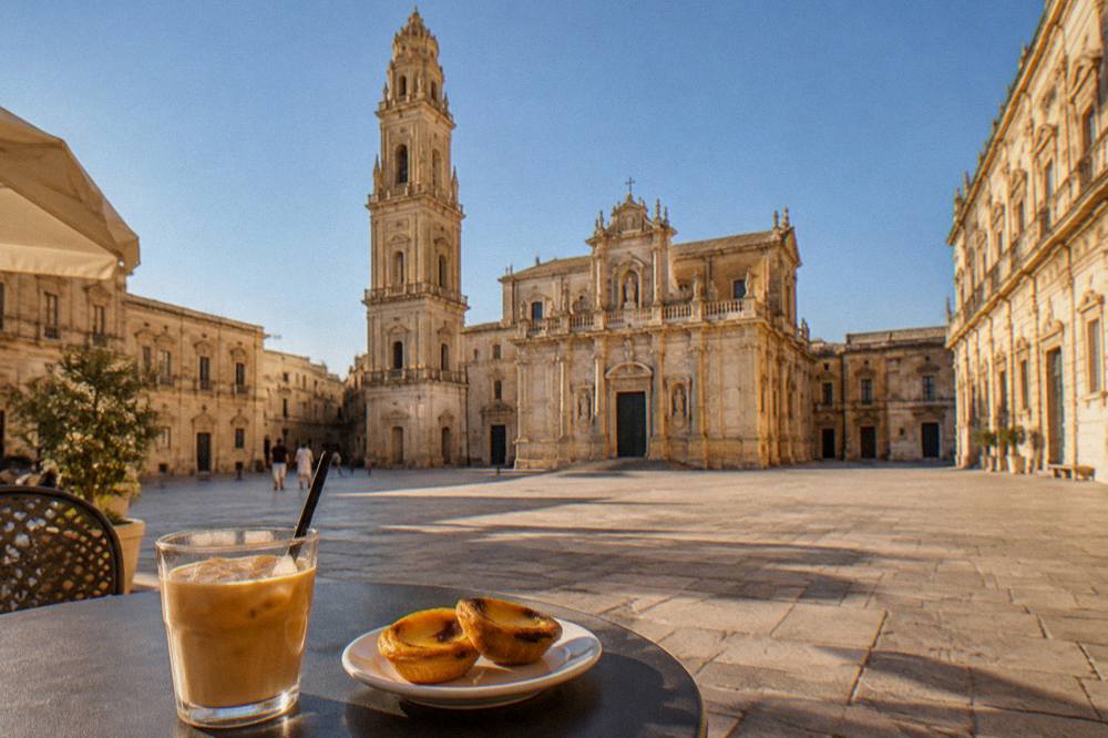 A morning cafe table with an iced coffee with almond milk and two small custard tarts on a saucer.