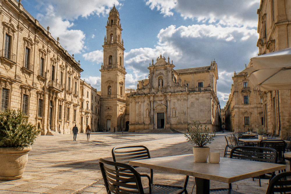 Set restaurant table in a stone courtyard, empty chairs, no signage