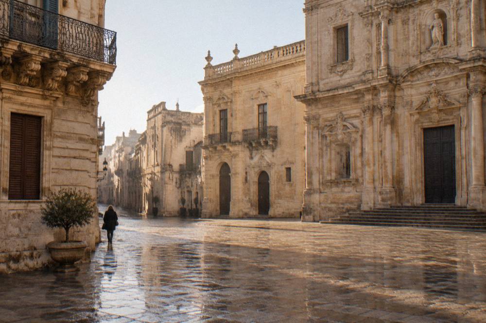 An empty Lecce piazza in soft winter light with ornate stone facades and wet flagstones