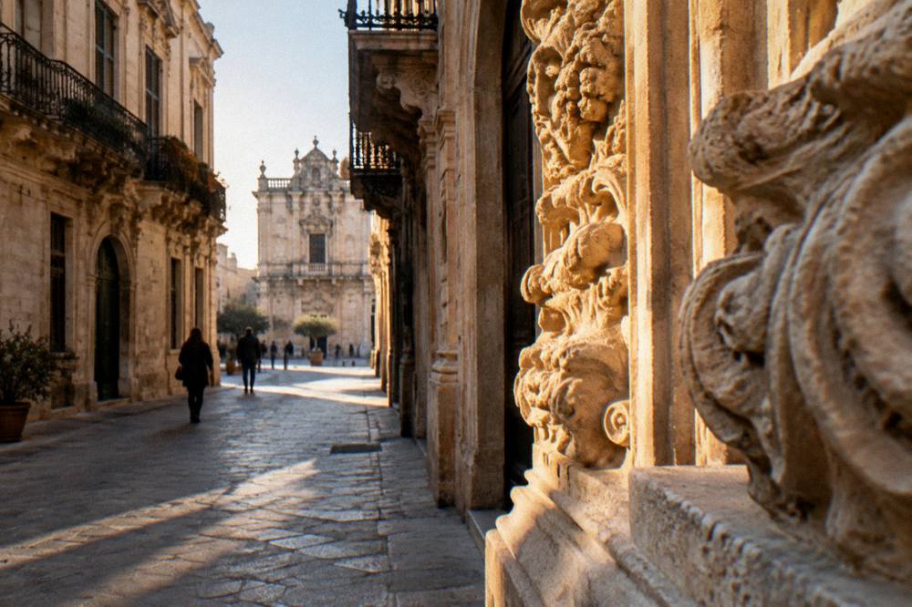 A golden baroque facade detail carved in pale Lecce stone glowing in evening light
