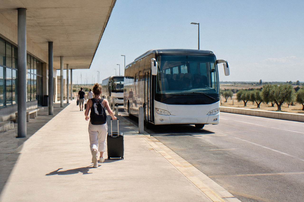 A coach waiting on the stand outside a small airport terminal in southern Italy
