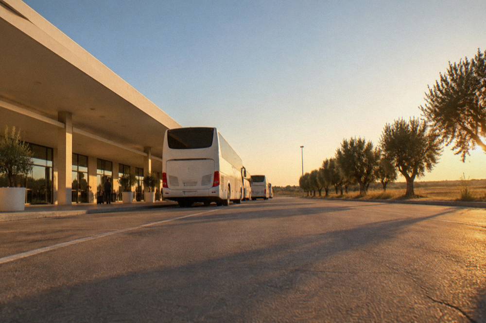 A white coach driving on a flat tree-lined road in southern Italy
