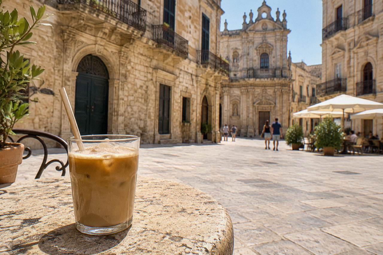 A glass of iced coffee with almond milk on a stone table in a sunny Lecce square