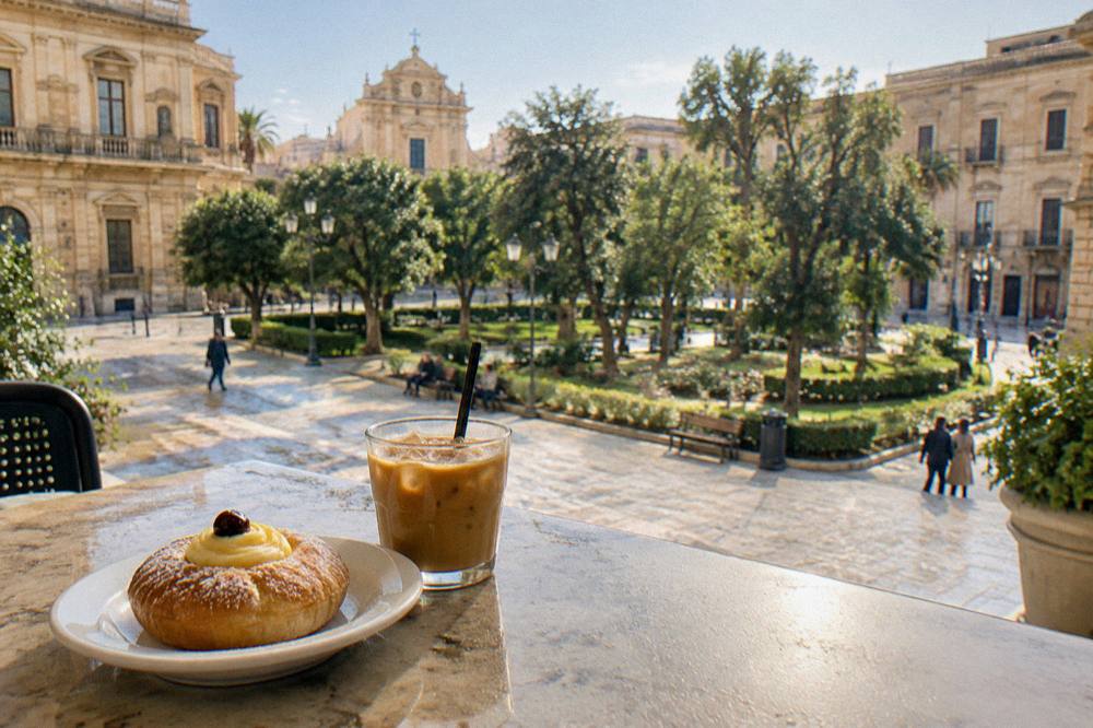 A custard pastry on a small plate beside a glass of iced coffee on a bar counter