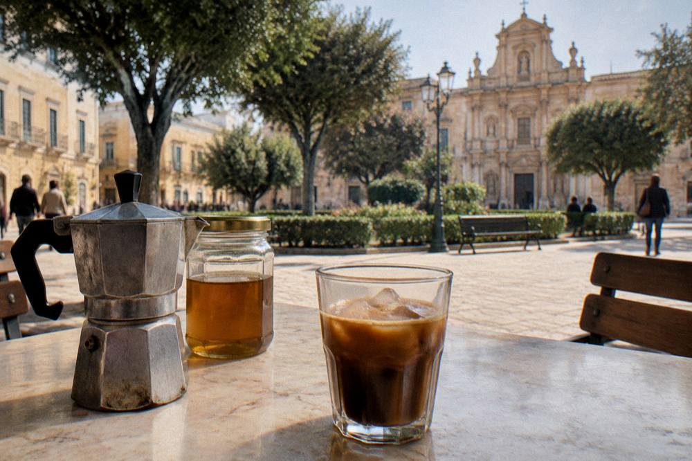 A moka pot, a jar of almond syrup and a glass of iced coffee on a kitchen table