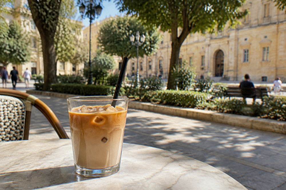 Glass of iced espresso with almond milk on a cafe table, no branding