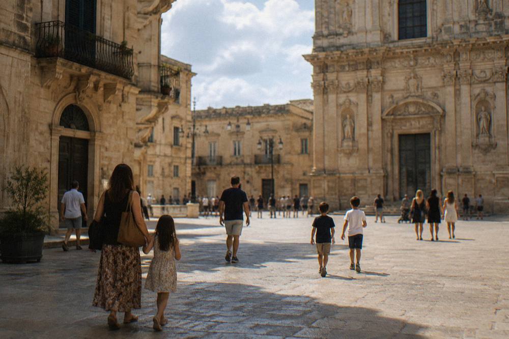 Children and adults crossing a car-free baroque square in southern Italy