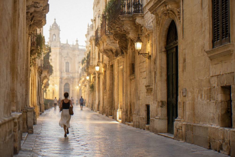 Evening passeggiata under illuminated baroque facades in Lecce