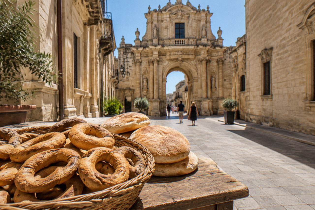 A basket of ring-shaped frisa breads and round puccia loaves on a rustic wooden table
