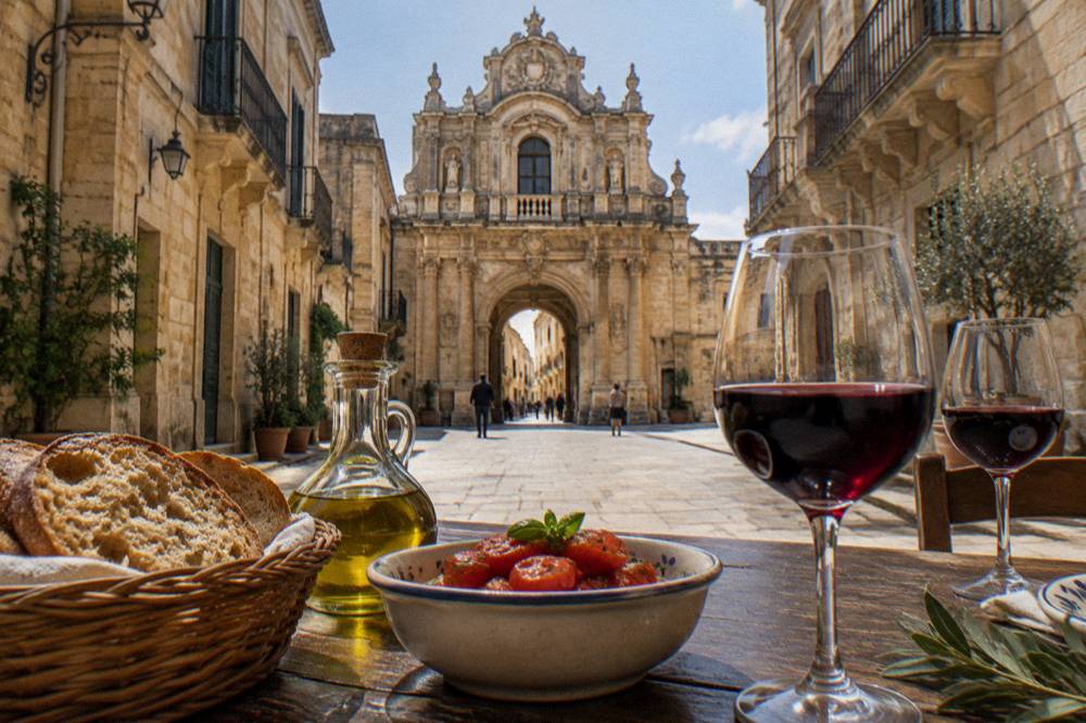 A rustic Salento table set with bread, olive oil, tomatoes and wine glasses