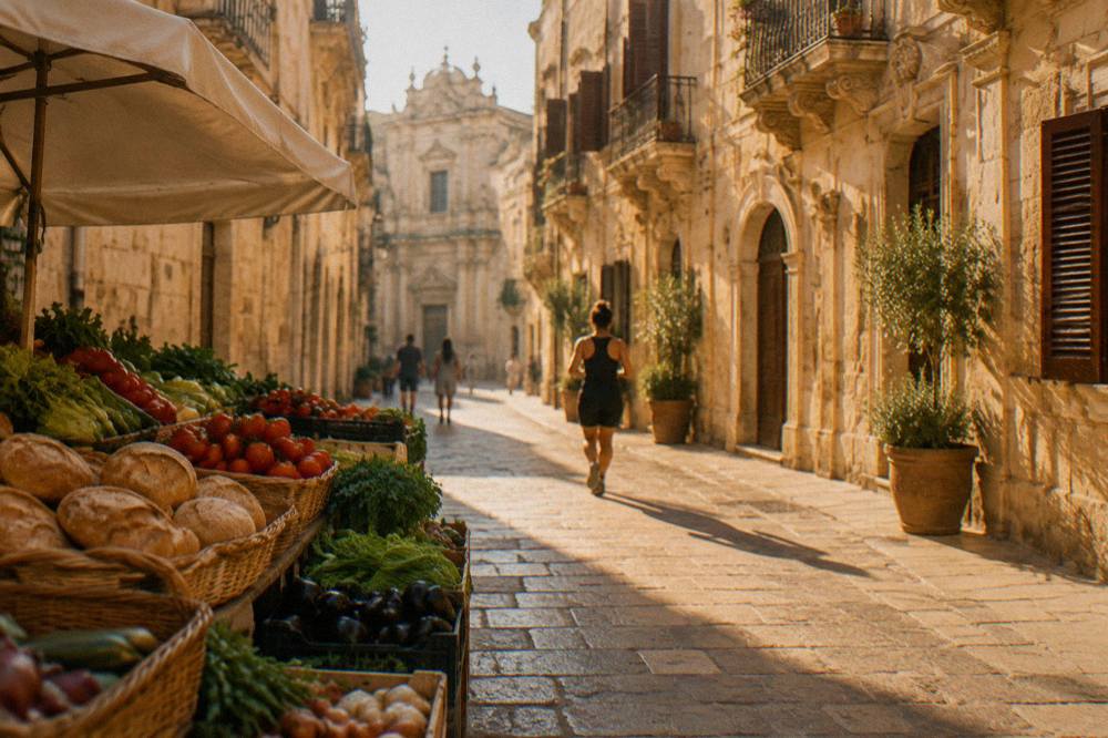A Lecce market stall with baskets of bread, tomatoes and local vegetables