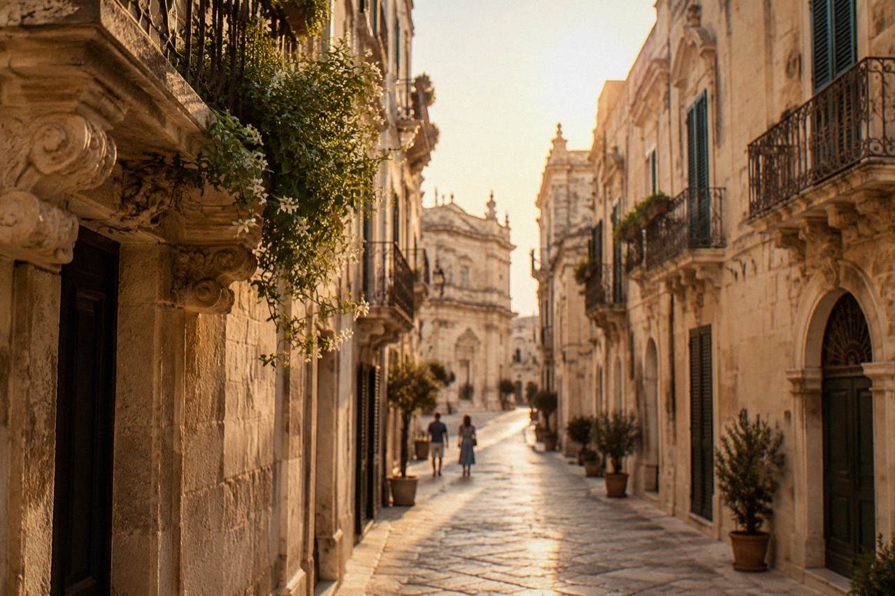 A narrow baroque street in Lecce lined with honey-coloured limestone buildings under a warm sky