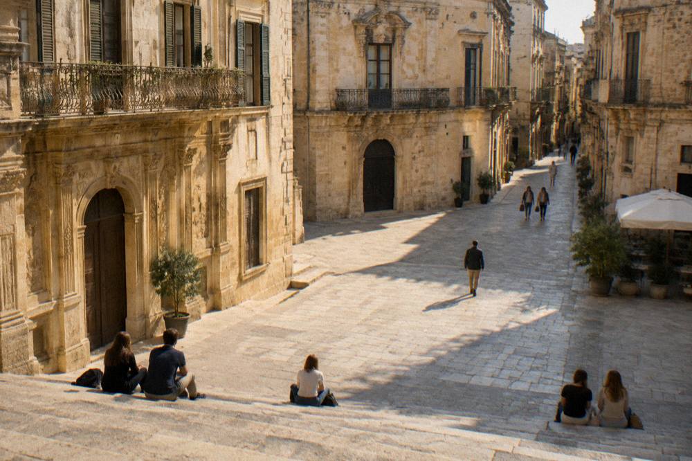 People sitting on the steps of a sunlit limestone piazza in southern Italy