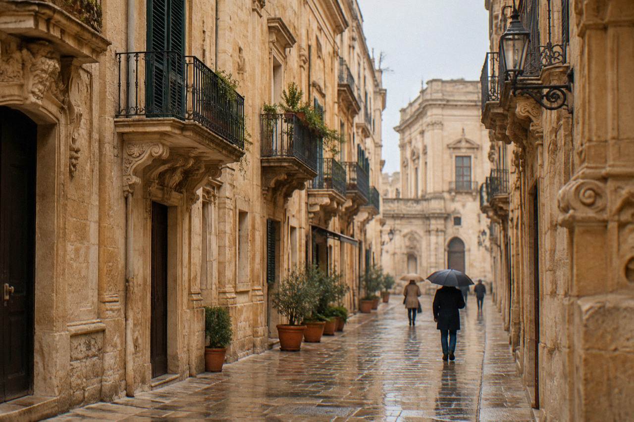 A honey-coloured baroque street in Lecce with ornate stone facades under warm light