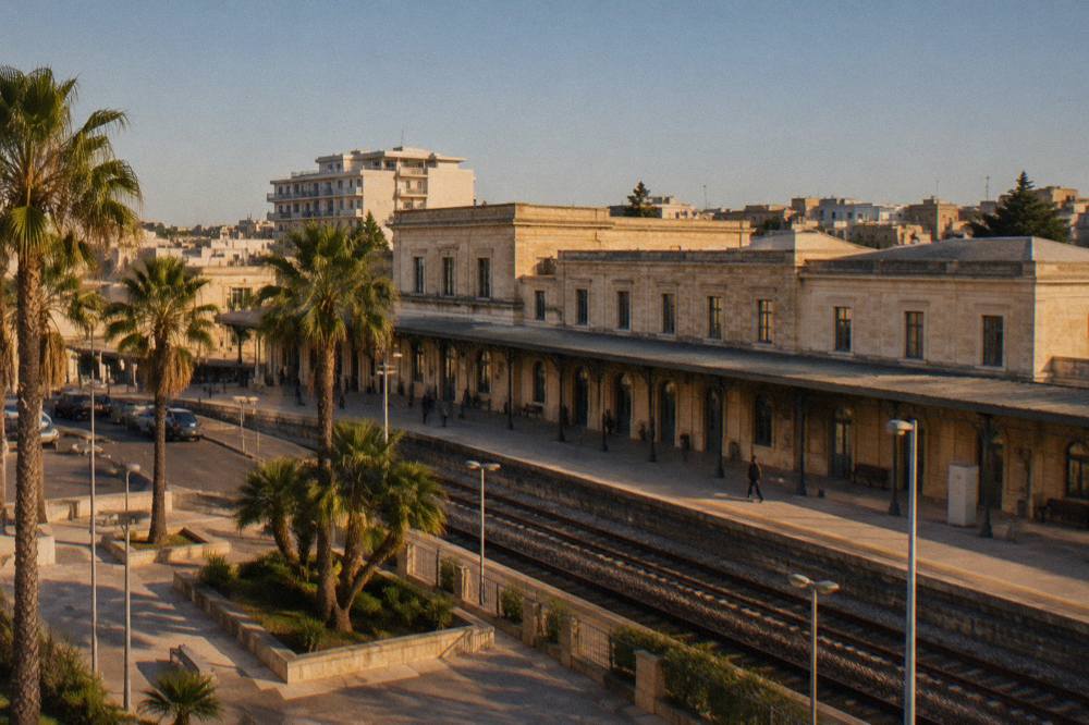 A regional airport terminal building under a clear sky in Puglia