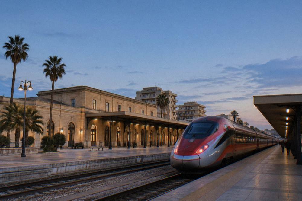 A high-speed train waiting at a platform in an Italian station