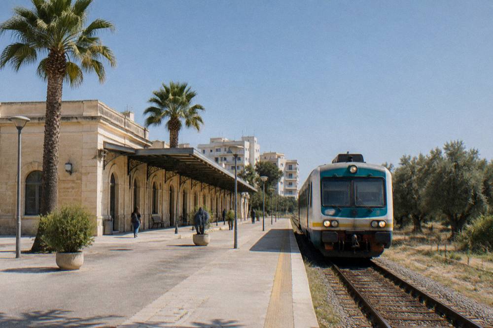 A small regional train at a rural station surrounded by olive groves