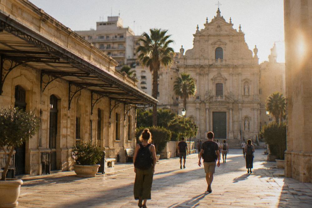 Travellers with backpacks walking along a sunlit limestone street toward a baroque church facade
