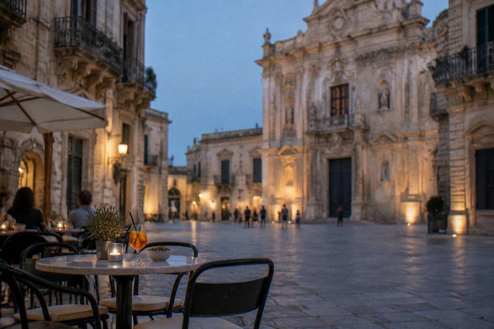 An evening cafe table on a stone-paved square in Lecce with a baroque palazzo behind it