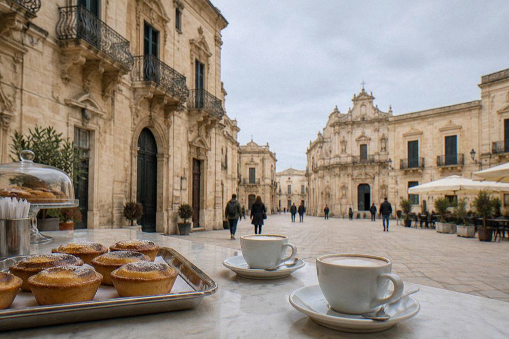 A cafe counter in Lecce with pasticciotto tarts and coffee cups arranged on marble