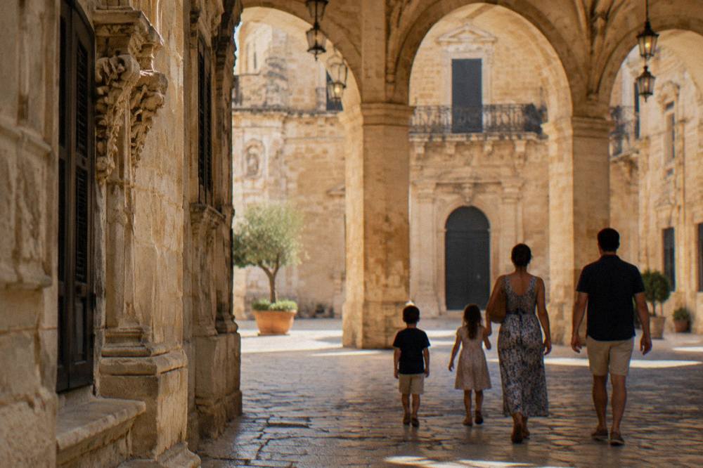 A family walking under illuminated arches in a limestone square in Lecce