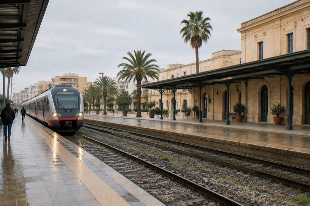 A train arriving at Lecce railway station on a mild December morning