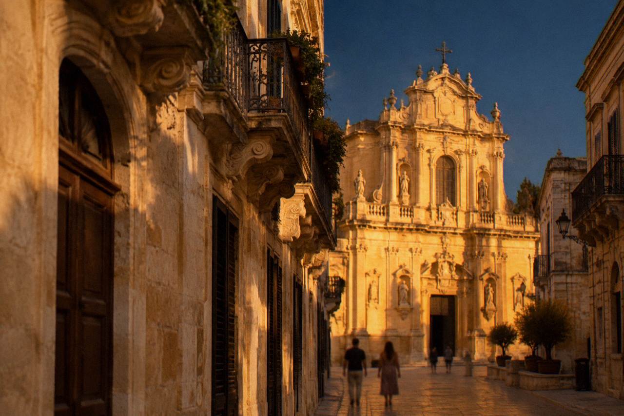 The illuminated baroque facade of a Lecce church glowing gold against a dark evening sky