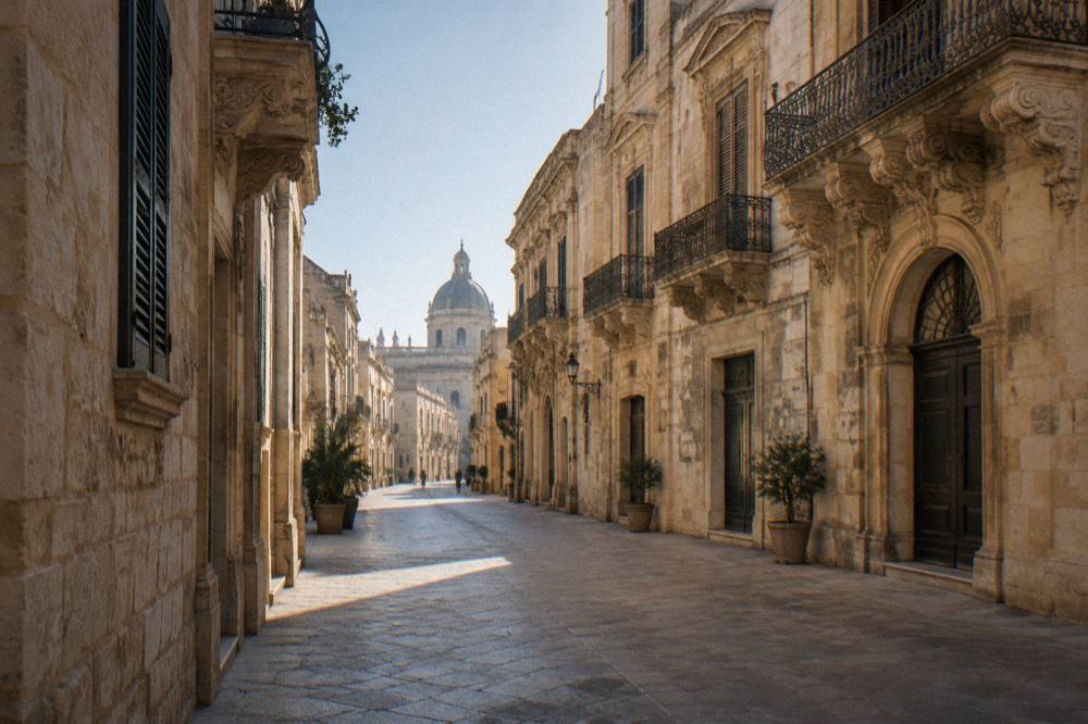 An empty lit Lecce street at night with baroque buildings and a distant illuminated dome