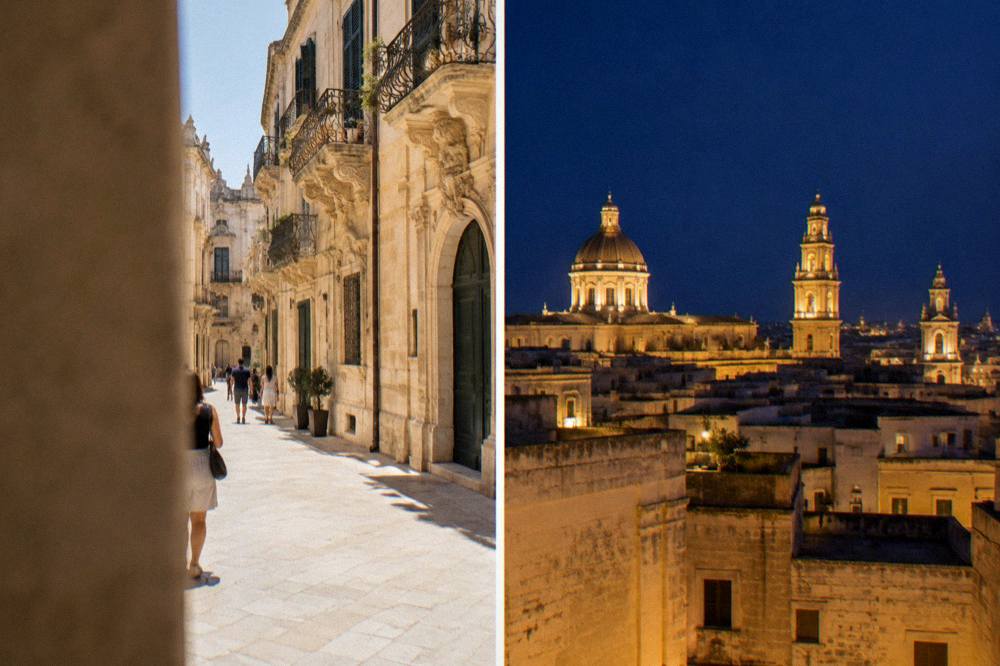 A night view over Lecce rooftops with lit domes and bell towers under a deep blue sky