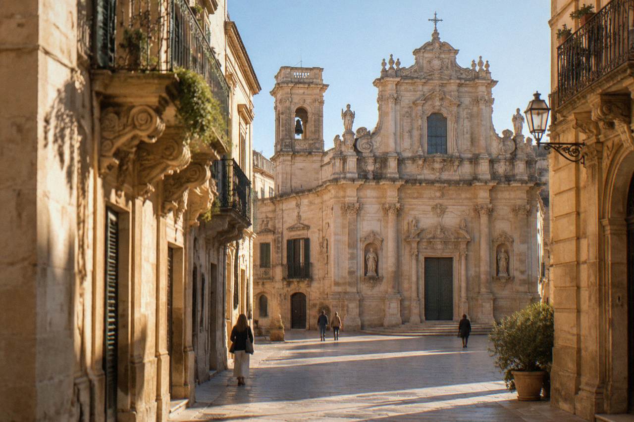 Ornate baroque church facade in golden limestone under a clear sky in Lecce