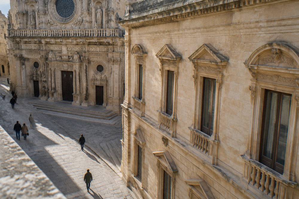 Detail of alternating window pediments on a golden limestone palace wall