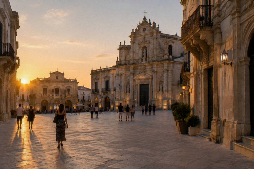 Wide view of a Lecce square at dusk with lit baroque facades and people strolling