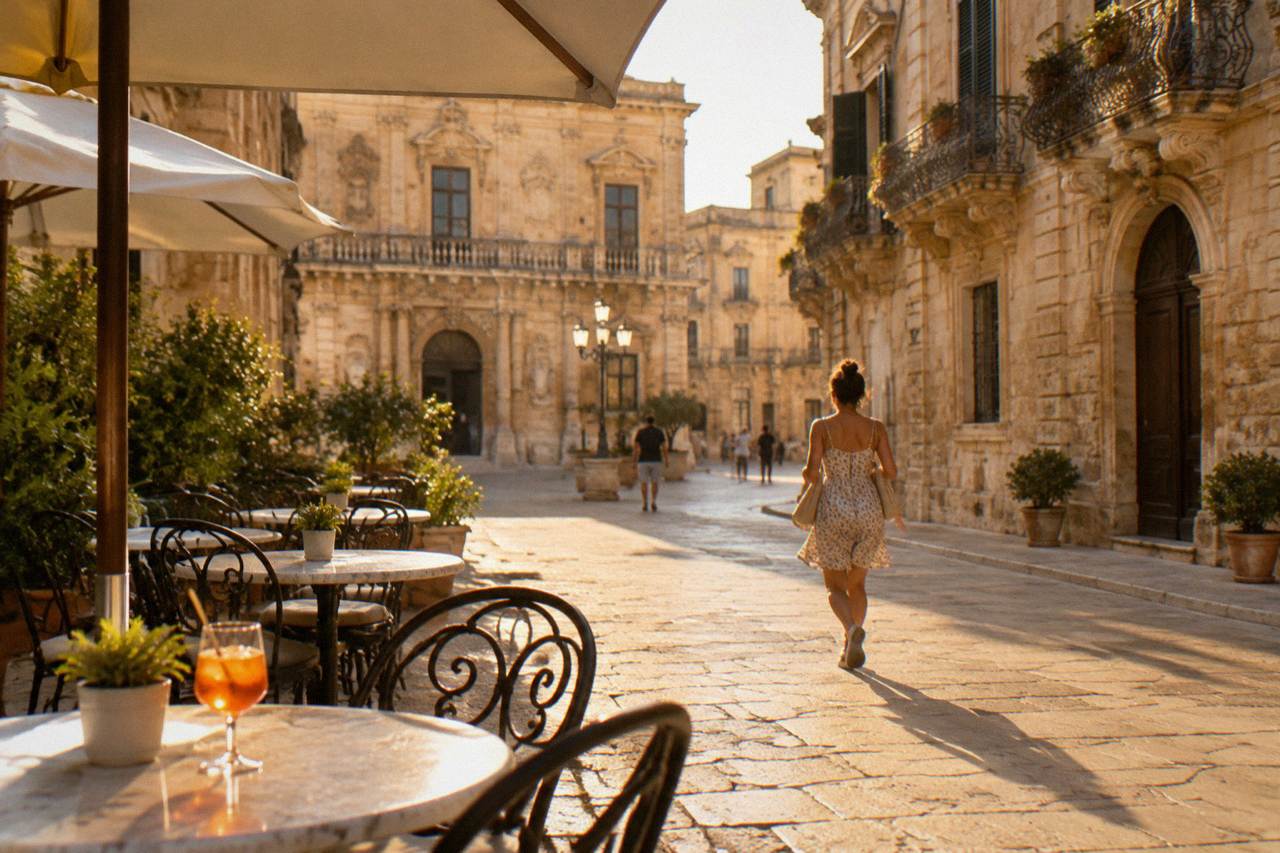A sunny cafe terrace with marble tables on a baroque square in Lecce