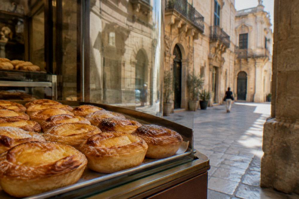 A tray of golden pasticciotto custard tarts in a bakery case in Lecce