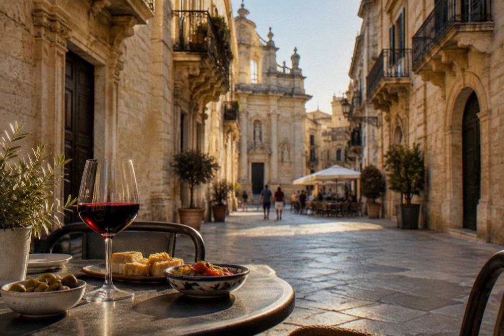 A glass of red wine and small plates on a cafe table at dusk in Lecce