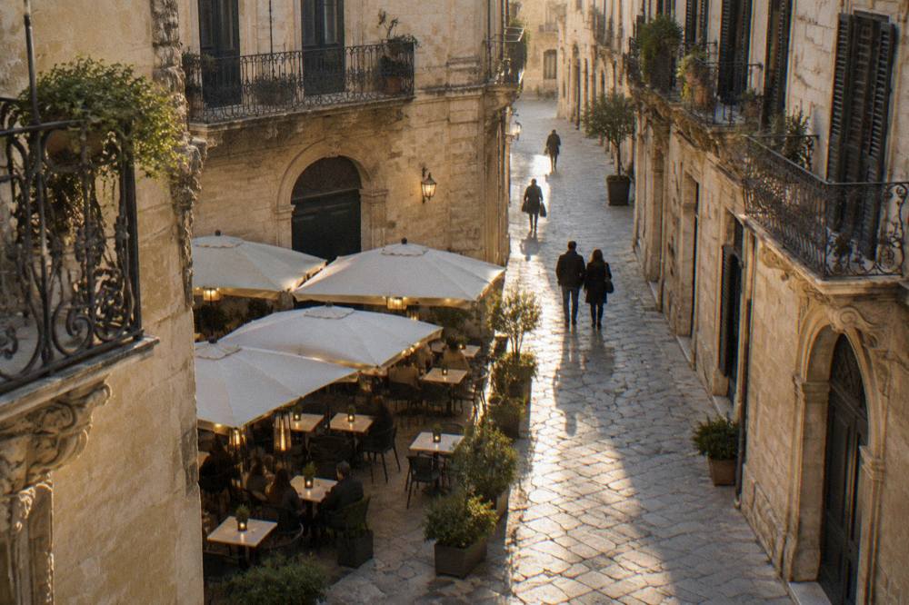 An evening cafe terrace with warm lights on a limestone street in Lecce