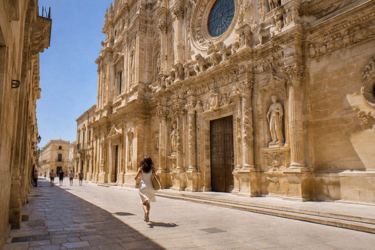The baroque facade of the Basilica di Santa Croce in Lecce glowing in warm afternoon light
