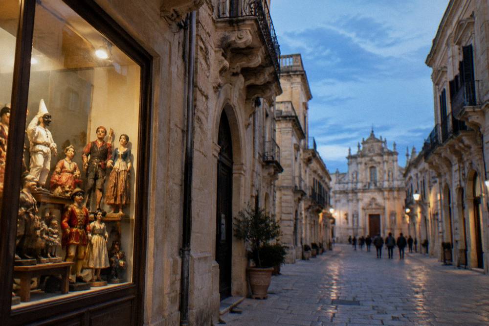 Papier mache craft figures displayed in a workshop window in Lecce old town