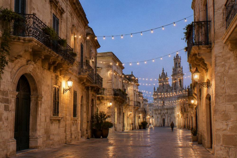 An empty lamp-lit old town street in Lecce with strings of festival lights hung overhead in the evening