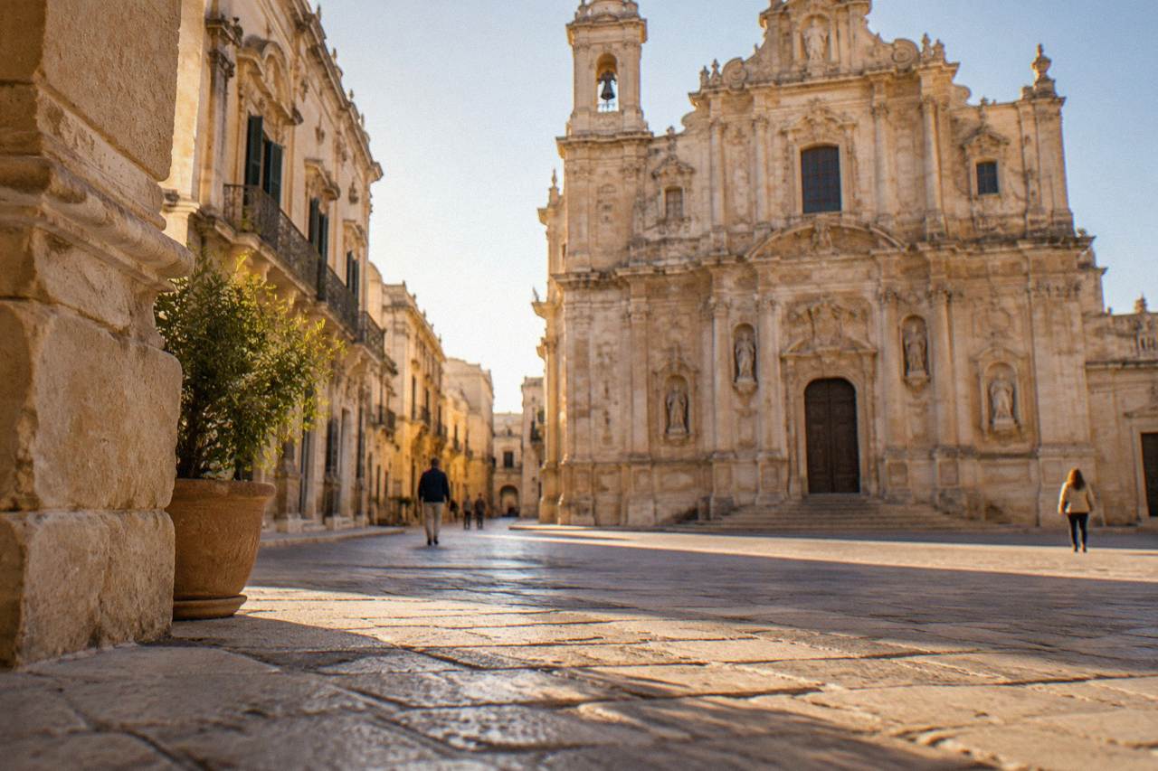 A golden limestone square in Lecce with a tall baroque church facade in late afternoon light