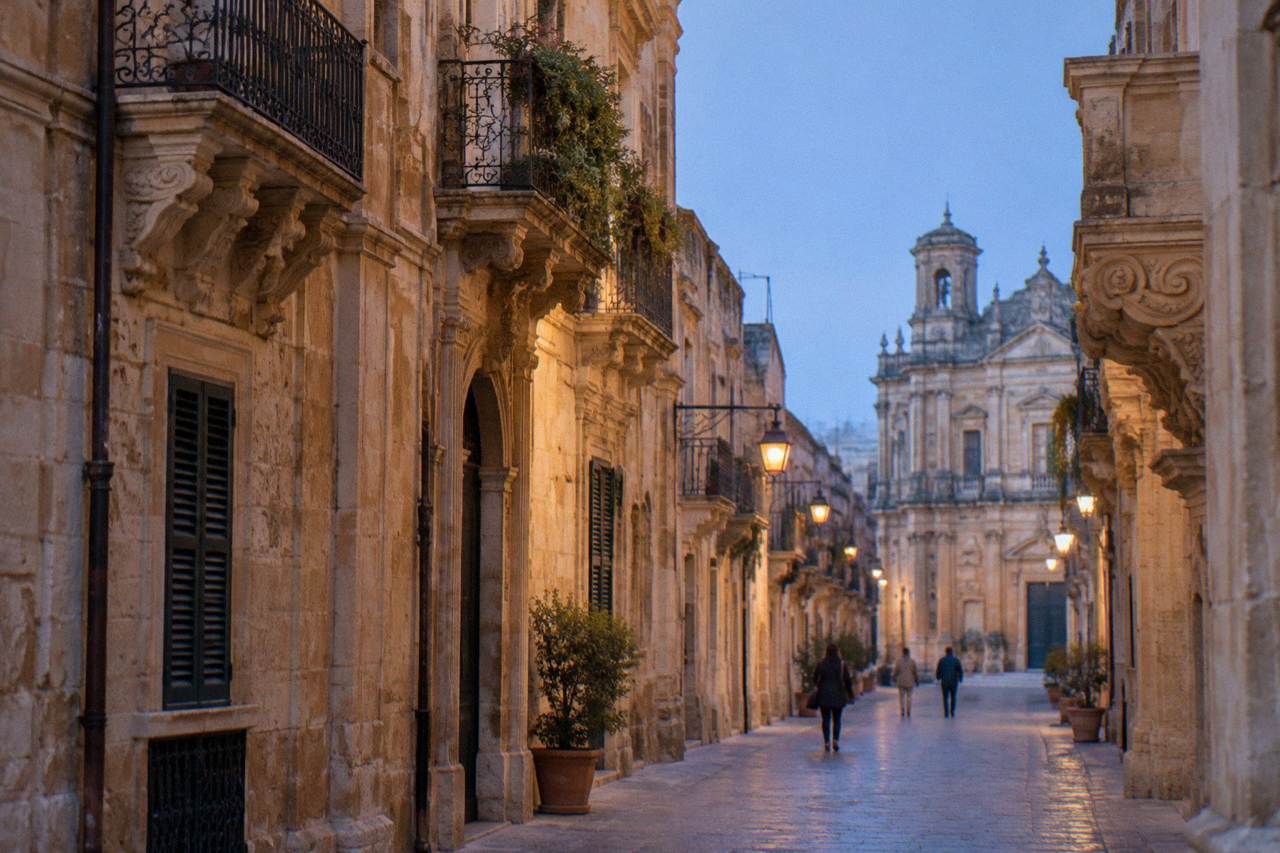 A quiet Lecce street in autumn with honey-coloured baroque buildings under a soft sky
